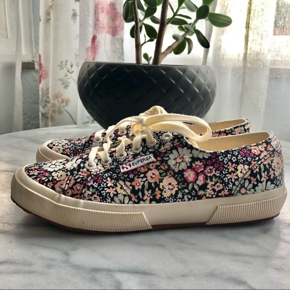 Superga Shoes - Superga black/cream micro floral sneakers,EUC. Size 39(women’s 8). Super cute!